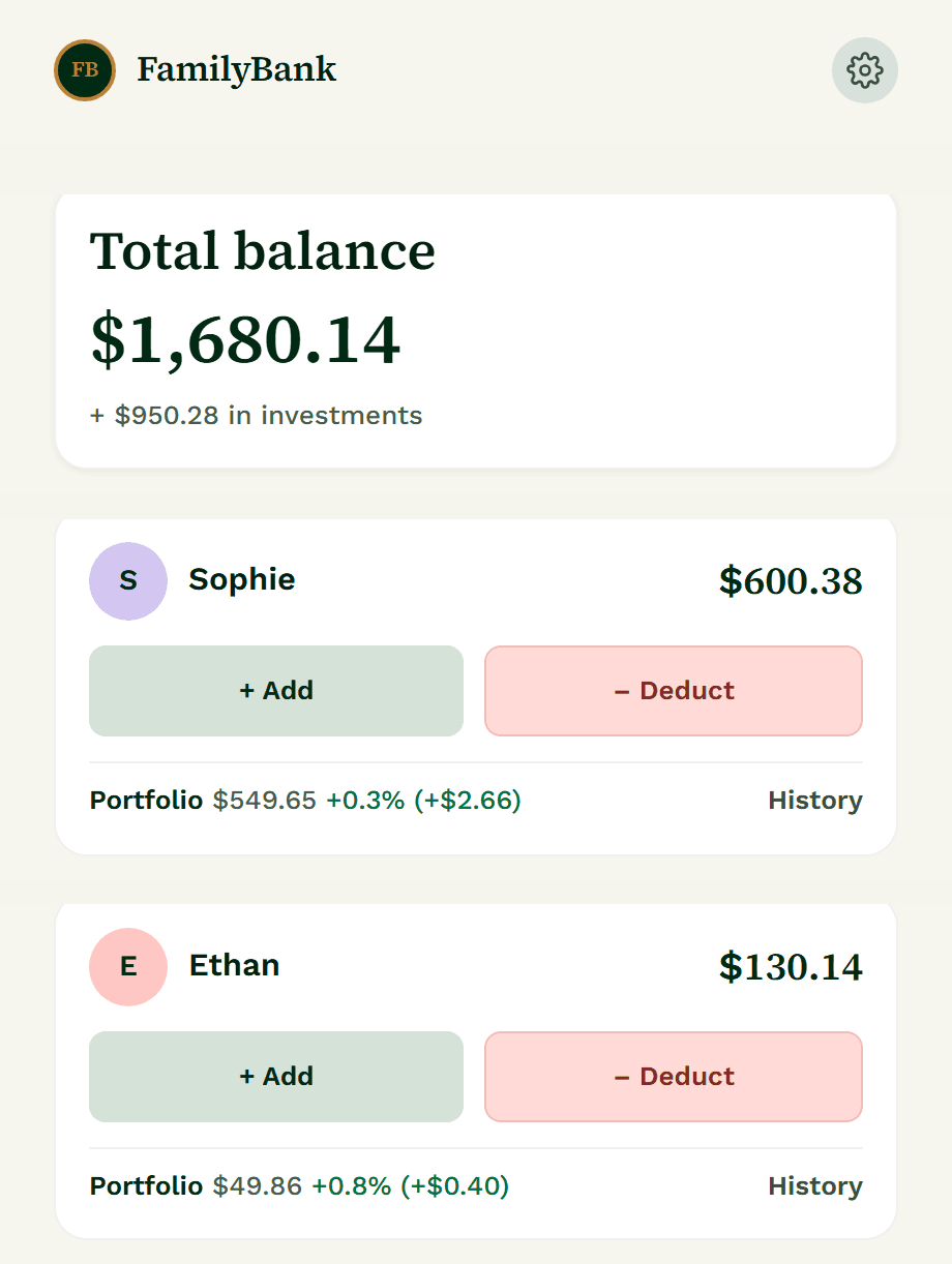 A parent's actual FamilyBank home screen, showing total balance and two kids' balances