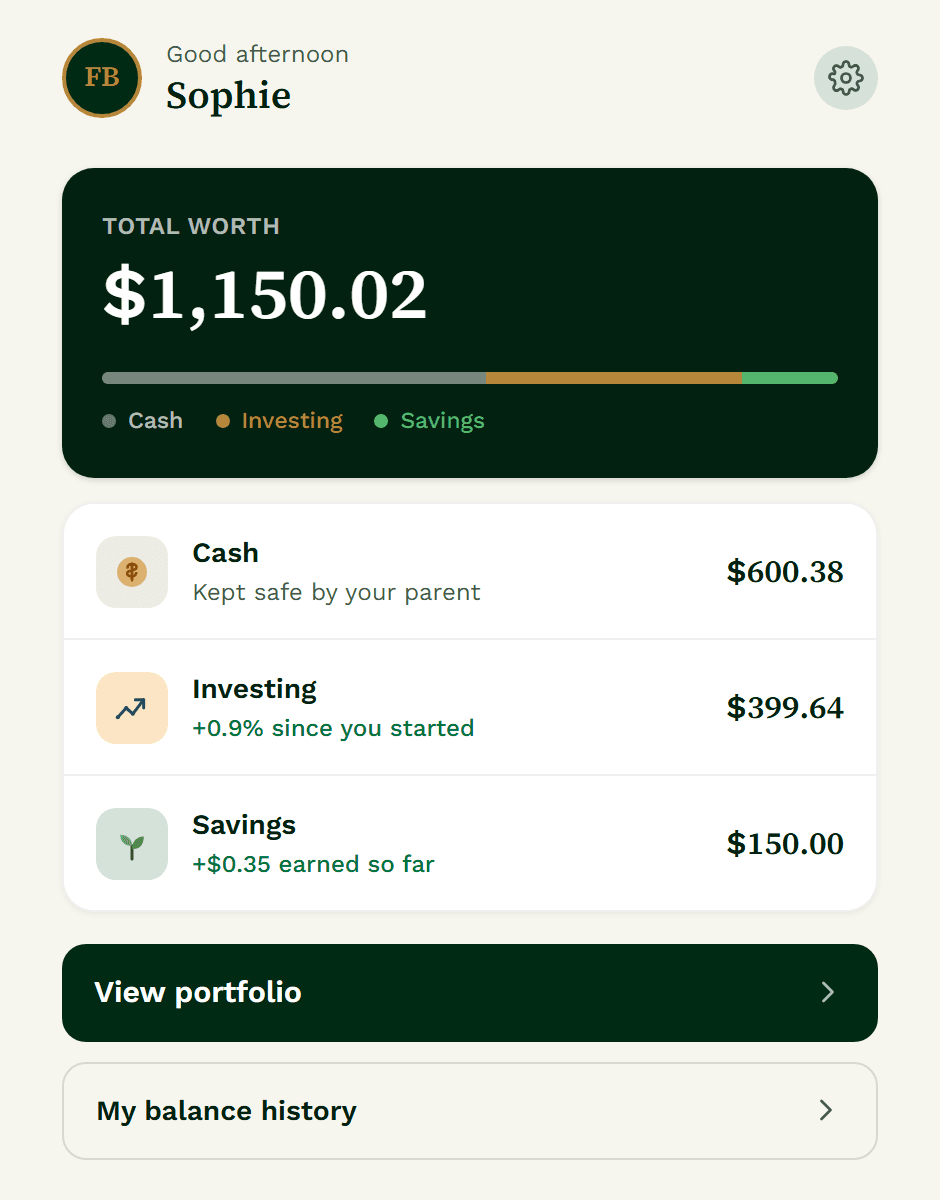 A kid's actual FamilyBank home screen, showing their total worth split across cash, investing, and savings