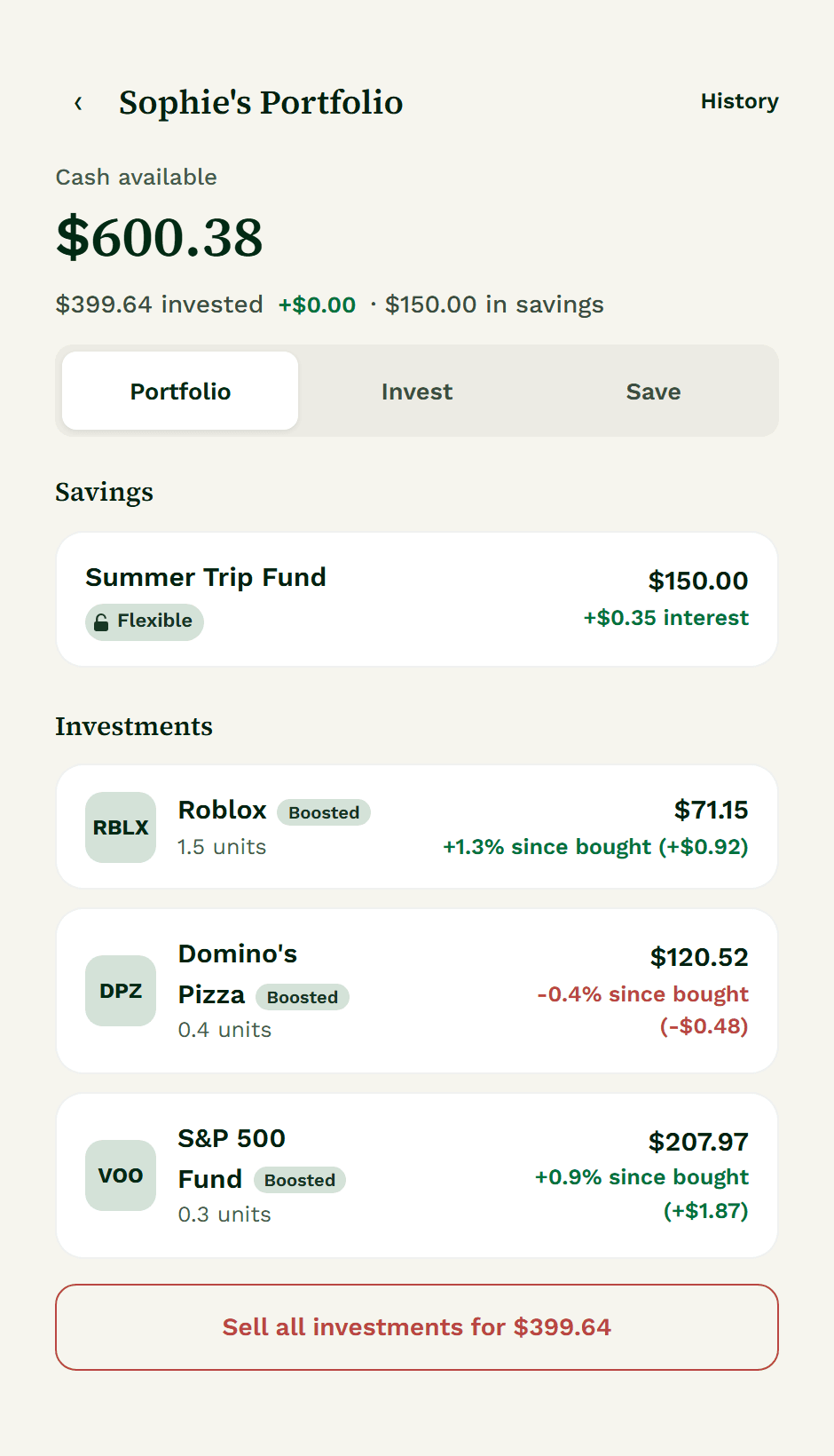 A kid's actual FamilyBank portfolio screen, showing a savings plan and three real stock holdings